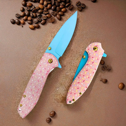 BlushBlade Mini – D2 Steel Folding Pocket Knife with Pink Confetti G10 Handle, EDC Knife for Camping & Survival